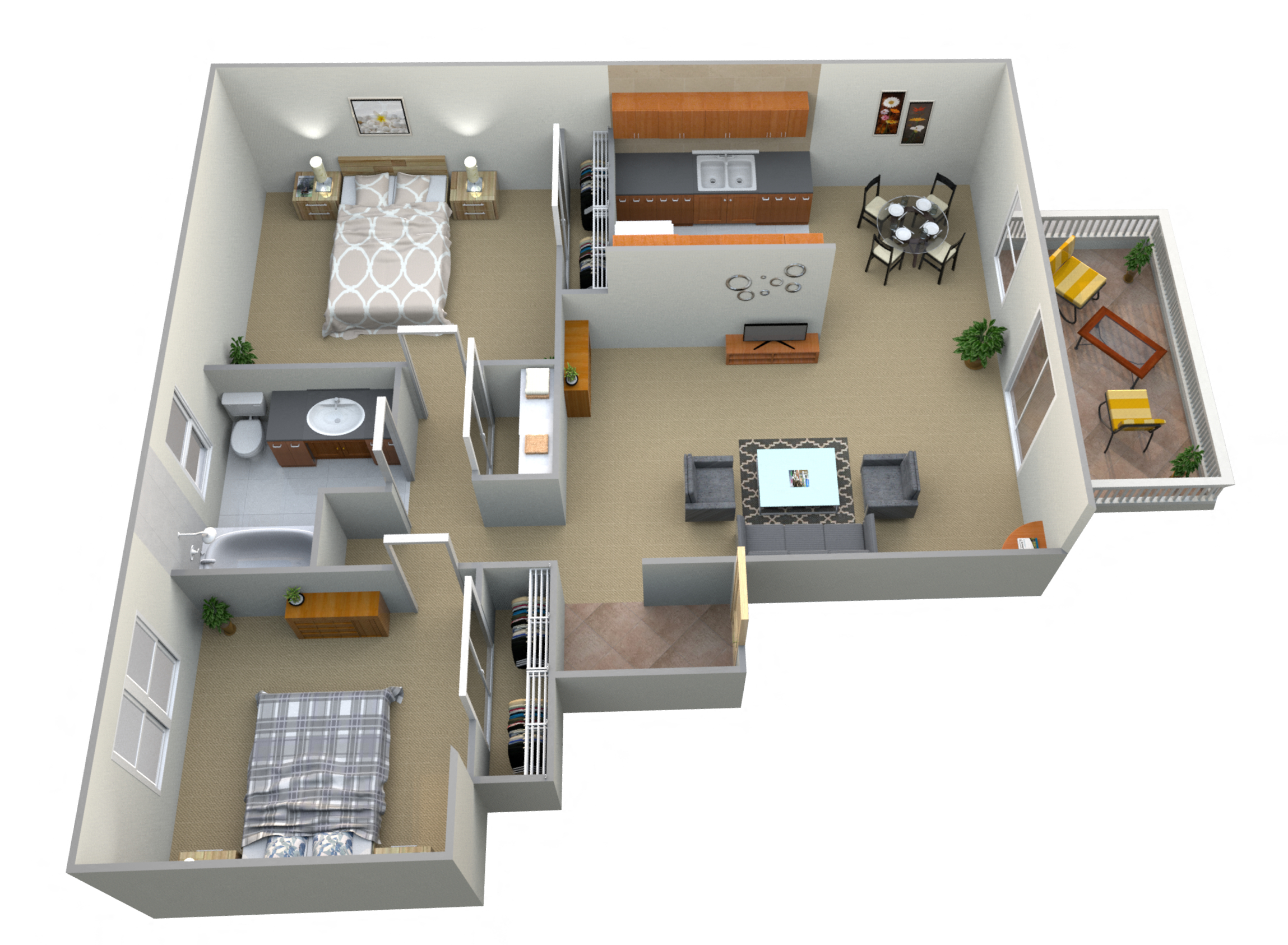 Floor plan for 2 beds, 1 bath, 846 sqft